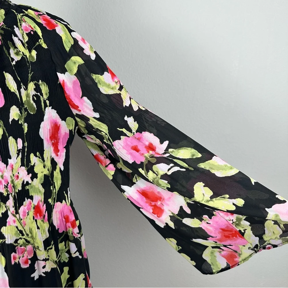 Floral & Ivy Floral Top Sz Large Sheer Pleated Stretch Flare Sleeve Peasant Boho - Picture 5 of 14